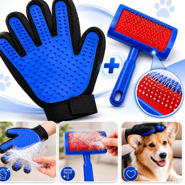 Kit Escova Rasqueadeira Pet + Luva Removedora de Pelos de Cachorro e Gato Tira Pelos Mortos Pelo Longo e Curto Boa Dica