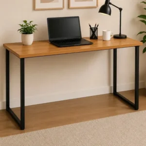 Escrivaninha Industrial 110cm Mesa Estudo Aparador Pés Aço Amadeirado Com Preto