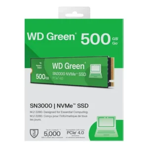 SSD WD Green SN3000, 500GB, M.2 2280, PCIe NVMe, Leitura 5000MB/s, Gravacao 4100MB/s, WDS500G4G0E