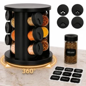 Porta Temperos Condimentos 9 Potes De Vidro Base Giratória 360° 9 Etiquetas Adesiva Organizador Cozinha Dosador Suporte Bancada Mesa Orégano Sal Páprica Pimenta Indue Variedades